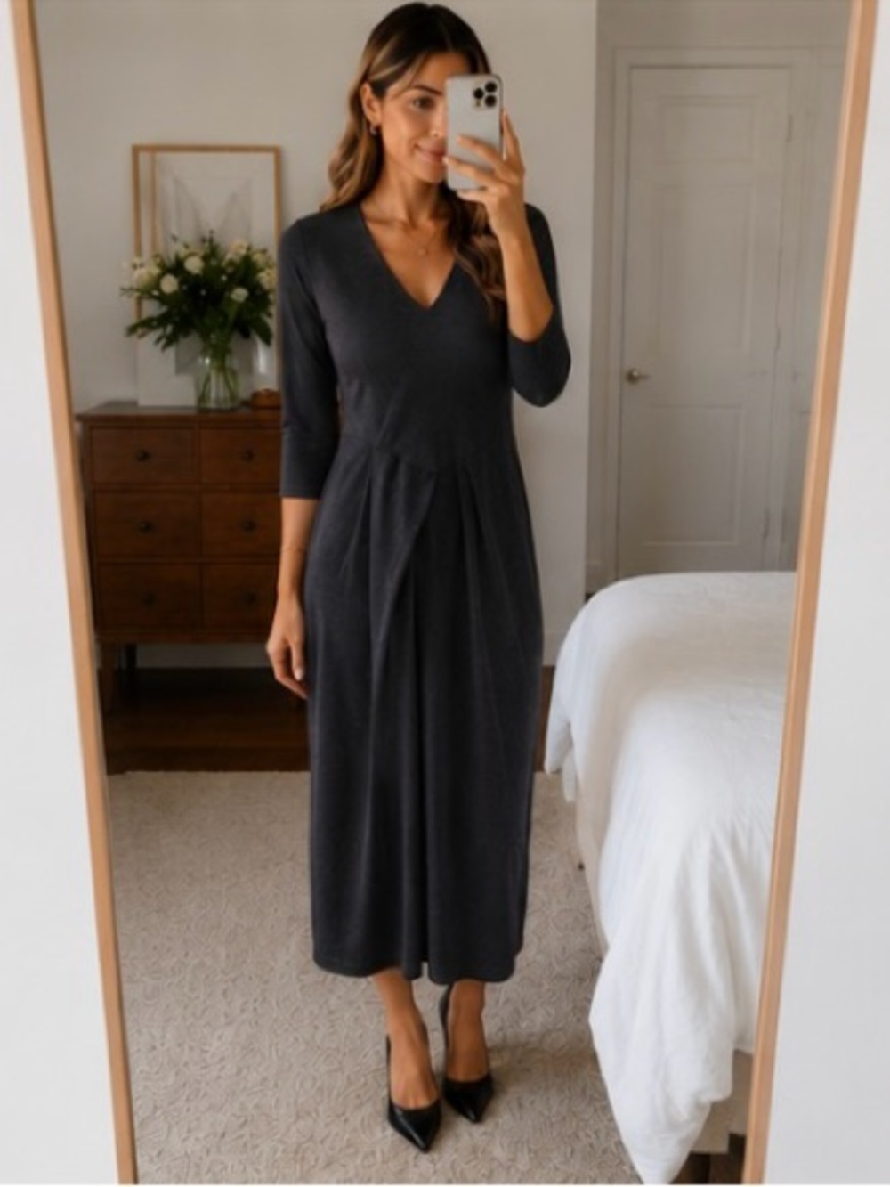 Strenesse Gabriele Strehle Wool Blend Minimalist Midi Dress Gray Size 4 V Neck